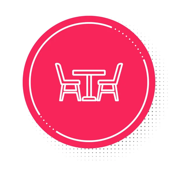 Linha branca Mesa de madeira com ícone de cadeira isolada no fundo branco. Botão de círculo vermelho. Vetor —  Vetores de Stock