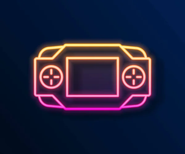 Linha de néon brilhante ícone de console de videogame portátil isolado em fundo preto. Jogos de consola portáteis. Vetor — Vetor de Stock