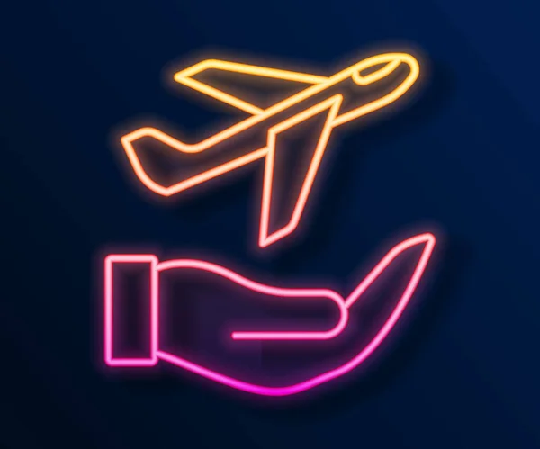 Parlayan neon çizgisi düzlemdeki el simgesi siyah arkaplanda izole edildi. Uçan uçak. Uçak sigortası. Güvenlik, güvenlik, koruma, konsept koruma. Vektör — Stok Vektör