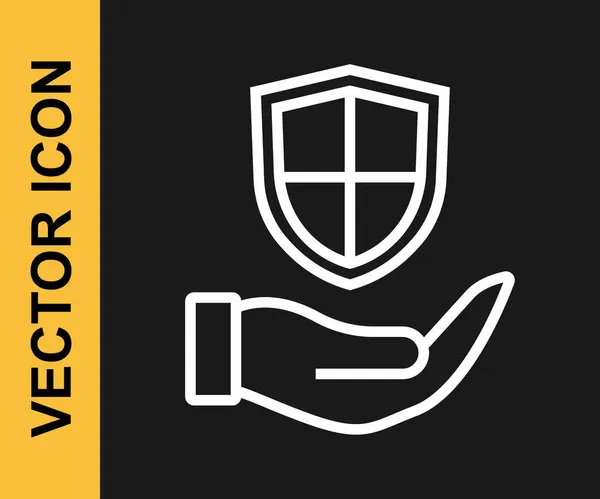 Escudo de línea blanca en icono de mano aislado sobre fondo negro. Concepto de seguro. Señal de guardia. Seguridad, seguridad, protección, concepto de privacidad. Vector — Vector de stock