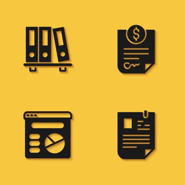 Set Office folders, Resume, Pie chart infographic і Contract money icon з довгою тінню. Вектор — стоковий вектор