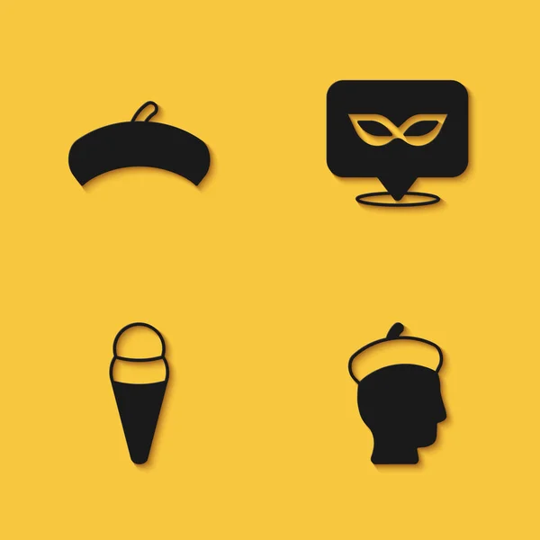 Set béret français, homme, crème glacée à la gaufre et icône de masque de carnaval avec une longue ombre. Vecteur — Image vectorielle