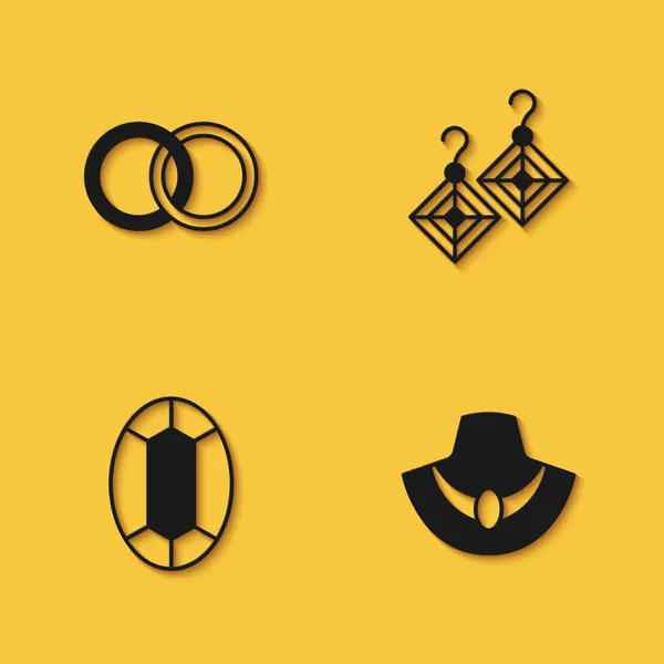 Conjunto de anillos de boda, collar en el maniquí, piedras preciosas y pendientes icono con sombra larga. Vector — Archivo Imágenes Vectoriales