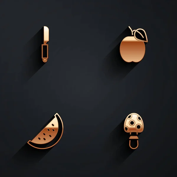 Set Cuchillo, Ciruela, Sandía y Mosca icono de setas agáricas con sombra larga. Vector — Vector de stock