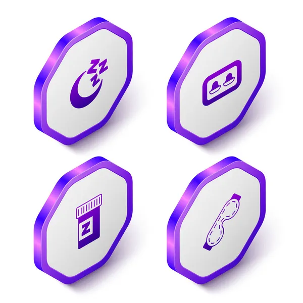 Set Isometric Moon and stars, Earplugs with storage box, Sleeping pill and Eye sleep mask icon. Purple hexagon button. Vector — Stock Vector