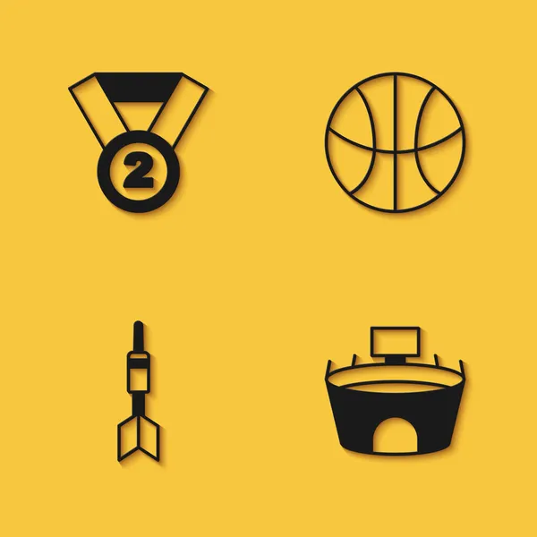 Set medaile, Stadium, šipka a basketbal ikona s dlouhým stínem. Vektor — Stockový vektor