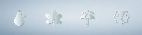 Набор Груша, каштановый лист, зонтик и капли дождя и. Бумажный стиль. Вектор — стоковый вектор
