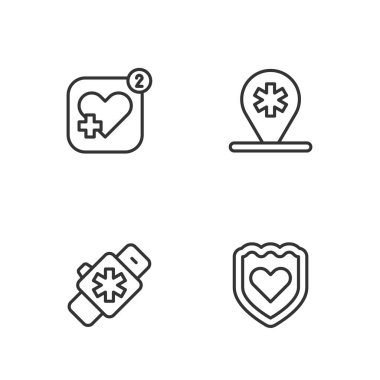 Bağışıklık sistemini, kalbi olan akıllı saati, mobil hızı ve hastane ikonunu ayarla. Vektör