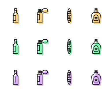 Fransız baget ekmeği, bir şişe şarap, parfüm ve ikon. Vektör