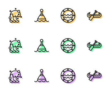 Gemi penceresi, tsunami, yüzen şamandıra, kano ve kürek ikonu ayarlayın. Vektör