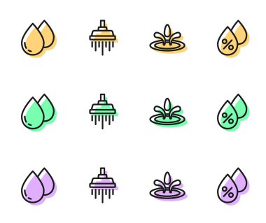 Hat düşüşü, duş alma ve yüzde ikonu ayarlayın. Vektör