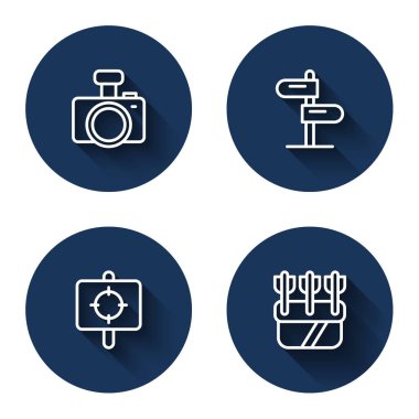 Çizgi kamerası, trafik levhası, hedef sporu ve uzun gölgeli oklu Quiver. Mavi daire düğmesi. Vektör