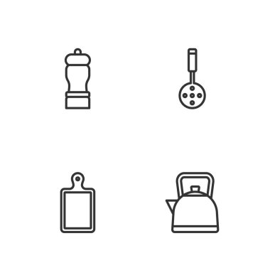 Kettle 'ı kulplu, kesme tahtası, Pepper ve Spatula ikonu ile ayarla. Vektör