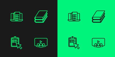 Çevrimiçi sınıf, sınav, test, araştırma ve kitap simgesini ayarla. Vektör