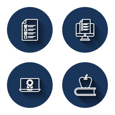 Çevrimiçi sınav, test, inceleme, diplomalı eğitim ve uzun gölgeli kitap elması ayarla. Mavi daire düğmesi. Vektör