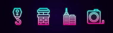 Hat Crane kancası, Chimney, şehir manzarası ve Rulet inşaatı. Parlayan neon ikonu. Vektör