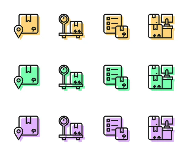 Définir la ligne Vérification de la liste de livraison, Emplacement avec boîte en carton, Échelle et icône des boîtes d'entrepôt. Vecteur — Image vectorielle
