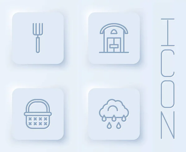 Set line Garten Mistgabel, Bauernhaus, Weidenkorb und Wolke mit Regen. Weiße quadratische Taste. Vektor — Stockvektor