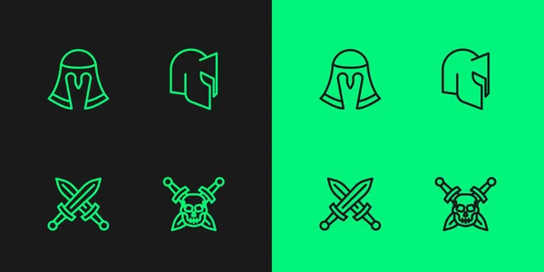 Set line Cráneo con espada, Cruzado medieval, Casco medieval y el icono. Vector — Archivo Imágenes Vectoriales