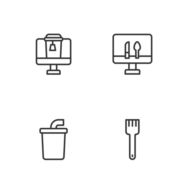 Set línea tenedor, vaso de papel con agua, pedidos en línea de alimentos y el icono. Vector — Vector de stock