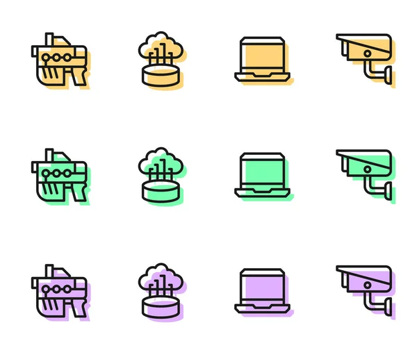 ラインノートパソコン、未来兵器、ネットワーククラウド接続とセキュリティカメラのアイコンを設定します。ベクトル — ストックベクタ