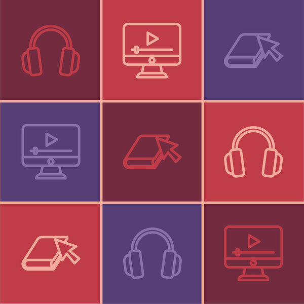 Set line Headphones, Online book and play video icon. Vector