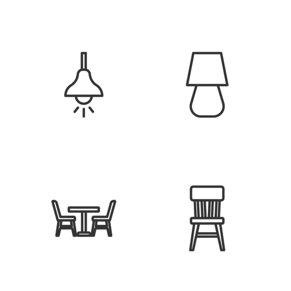 Ställ in linjestol, Bord med stol, lamphängning och lampikon. Vektor — Stock vektor