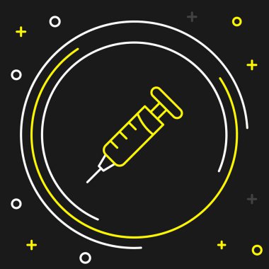 Şırınga simgesi siyah arkaplanda izole edildi. Aşı için şırınga, aşı, iğne, grip aşısı. Tıbbi ekipman. Renkli taslak konsepti. Vektör