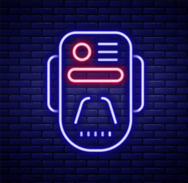 Parlayan neon hattı Yapay Zeka robot simgesi tuğla duvar arka planında izole edildi. Makine öğrenme, bulut hesaplama. Renkli taslak konsepti. Vektör