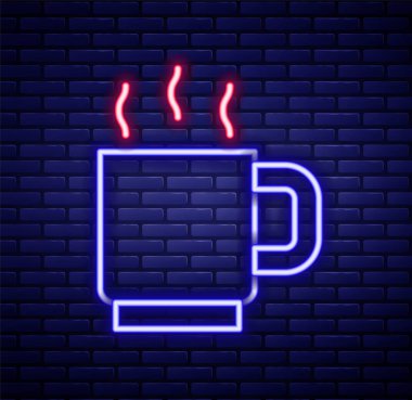 Parlayan neon hattı kahve fincanı simgesi tuğla duvar arkasında izole edilmiş. Çay fincanı. Sıcak içecek kahvesi. Renkli taslak konsepti. Vektör