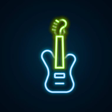 Parlayan neon hattı elektro gitar ikonu siyah arkaplanda izole edildi. Renkli taslak konsepti. Vektör