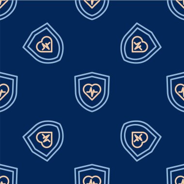 Kalkan ikonuna sahip Line Life sigortası mavi arka planda izole edilmiş pürüzsüz desen. Güvenlik, güvenlik, koruma, konsept koruma. Vektör