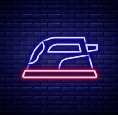 Parlayan neon hattı. Duvarda izole edilmiş elektrikli demir ikon. Buhar ütüsü. Renkli taslak konsepti. Vektör
