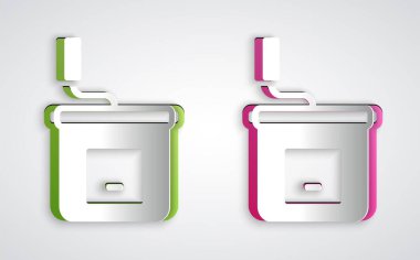 Kağıt kesiği El yapımı kahve öğütücü ikonu gri arka planda izole edilmiş. Kağıt sanatı tarzı. Vektör