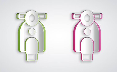 Kağıt kesiği Scooter simgesi gri arkaplanda izole edilmiş. Kağıt sanatı tarzı. Vektör