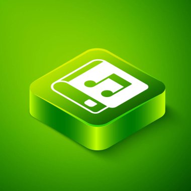 Isometric Ses kitabı simgesi yeşil arkaplanda izole edildi. Kitaplı müzikal nota. Ses rehberi işareti. Çevrimiçi öğrenme kavramı. Yeşil kare düğmesi. Vektör