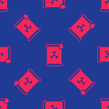 Fıçı ikonundaki kırmızı radyoaktif atık mavi arka planda izole edilmiş. Zehirli atık fıçısı. Radyoaktif atık emisyonları, çevre kirliliği. Vektör