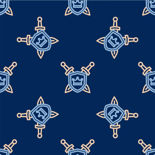 Linha Escudo medieval com ícone de espadas cruzadas isolado padrão sem costura no fundo azul. Vetor — Vetor de Stock