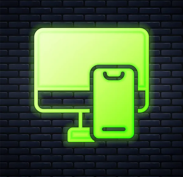 Lumineux néon Commande en ligne et icône de livraison de restauration rapide isolé sur fond de mur de briques. Vecteur — Image vectorielle