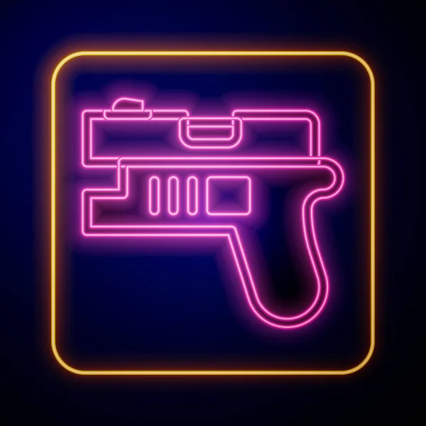 Leuchtendes neonfarbenes futuristisches Space-Gun-Blaster-Symbol isoliert auf schwarzem Hintergrund. Laser-Handfeuerwaffe. Alien Weapon. Vektor — Stockvektor