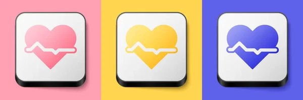 Isometryczna ikona tętna wyizolowana na różowym, żółtym i niebieskim tle. Znak bicia serca. Ikona pulsu serca. Ikona kardiogramu. Kwadratowy. Wektor — Wektor stockowy