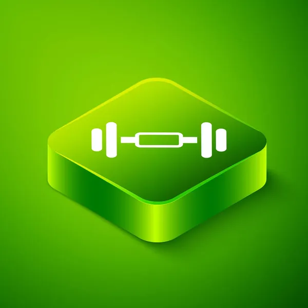 Изометрическая иконка Дамбелла выделена на зеленом фоне. Подтягивание мышц, фитнес штанга, спортивный инвентарь. Зеленая квадратная кнопка. Вектор — стоковый вектор