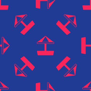 Kum ve şemsiye ikonu olan çocuklar için kırmızı kum havuzu mavi arka planda izole edilmiş pürüzsüz desen. Vektör