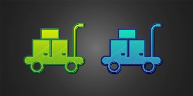 Siyah arkaplanda yeşil ve mavi Trolley çanta ikonu var. Seyahat bagaj tabelası. Seyahat bagaj ikonu. Vektör