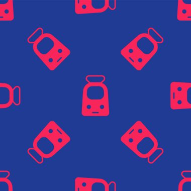 Kırmızı tren ve demiryolu ikonu mavi arka planda izole edilmiş. Toplu taşıma sembolü. Metro treni nakliyesi. Metro yeraltı. Vektör