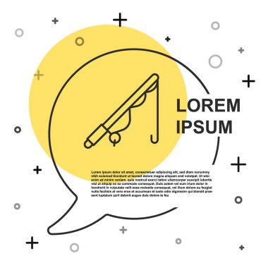 Beyaz arkaplanda siyah çizgili olta simgesi izole edildi. Büyük bir balık yakala. Balıkçılık ekipmanları ve balık çiftliği konuları. Rastgele dinamik şekiller. Vektör
