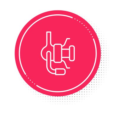 Beyaz çizgi makarası beyaz arka planda izole edilmiş balık ikonu için. Balık bobini. Balık oltası. Kırmızı daire düğmesi. Vektör