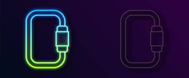 Parlayan neon çizgisi karabina simgesi siyah arkaplanda izole edildi. Olağanüstü bir spor. Spor malzemeleri. Vektör