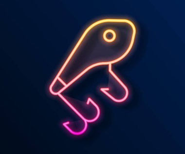 Parlayan neon hattı. Balıkçı yemi simgesi siyah arkaplanda izole edildi. Balık oltası. Vektör