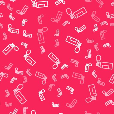 Beyaz çizgi parfüm ikonu, kırmızı arkaplanda kusursuz desen izole etti. Vektör